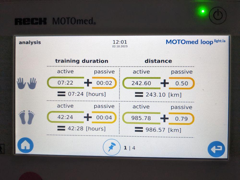 A photo of the information screen of my Motomed showing the latest stats