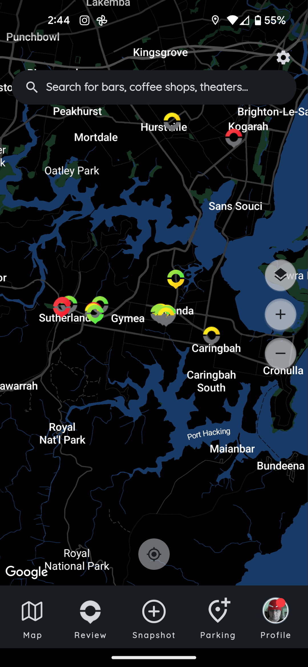 A screen shot from the Roll Mobility app. It's display a map of the Sutherland area. There are a mix of green, orange and red markers, each signifying a location and how accessible it is